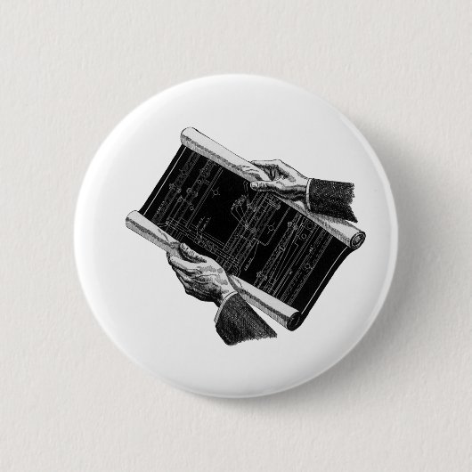 Hände mit architektonischen Blaupausen, Vintage-Ge Button (Vorderseite)