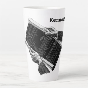 Hände mit architektonischen Blaupausen, Vintage-Ge Milchtasse