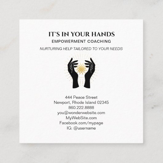 *~* Hände Sun Rays Black Gold Kosmische Energie Quadratische Visitenkarte (Rückseite)