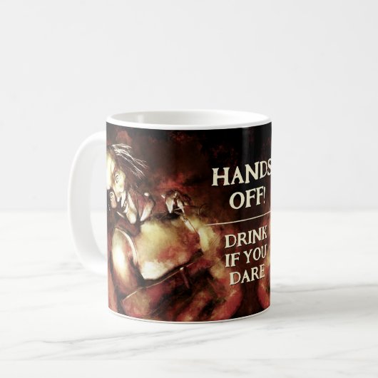 Hände weg! Trink, wenn du es wagst. Funny mad clow Kaffeetasse (Vorderseite Links)