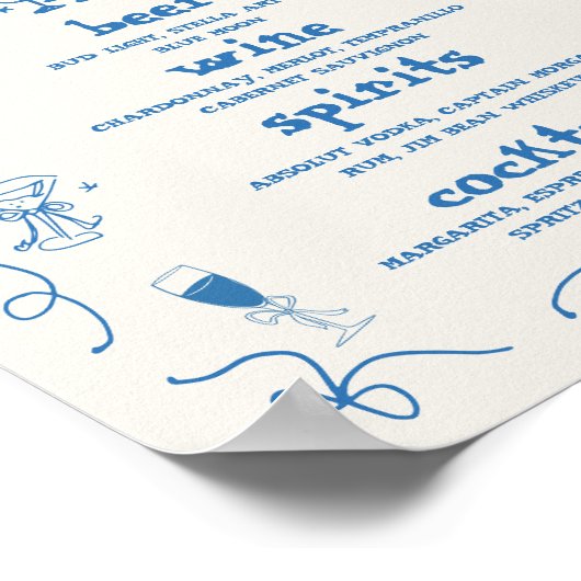 Händegezeichnetes Whimsical Bar Menu Hochzeitszeic Poster (Ecke)