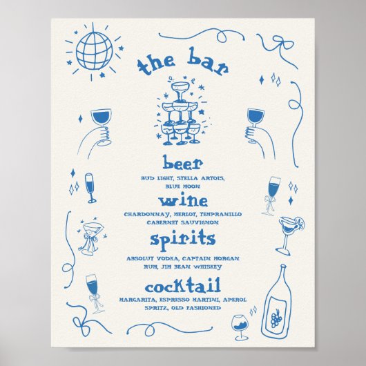 Händegezeichnetes Whimsical Bar Menu Hochzeitszeic Poster (Vorne)