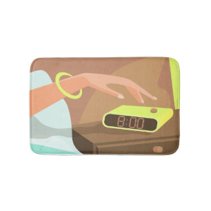 Händeschalten auf den Knopf Wecker-Schlummertaste Badematte