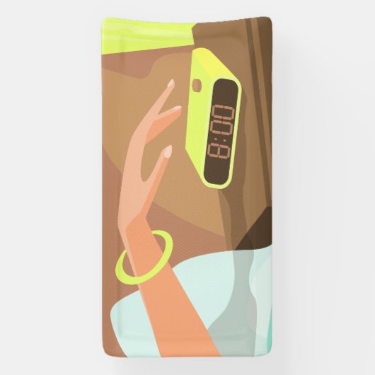 Händeschalten auf den Knopf Wecker-Schlummertaste Banner (Vertikal)