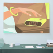 Händeschalten auf den Knopf Wecker-Schlummertaste Banner (Messe)