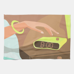 Händeschalten auf den Knopf Wecker-Schlummertaste Geschirrtuch