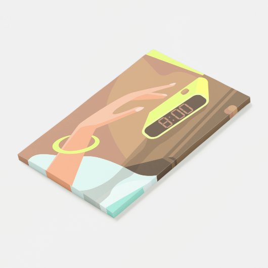 Händeschalten auf den Knopf Wecker-Schlummertaste Post-it Klebezettel (angewinkelt)