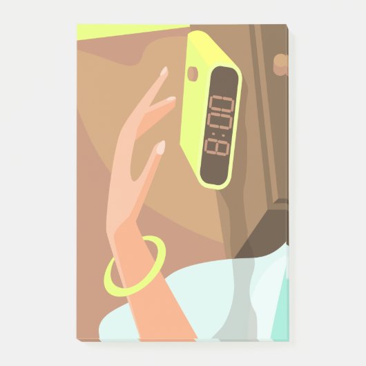 Händeschalten auf den Knopf Wecker-Schlummertaste Post-it Klebezettel (Vorderseite)