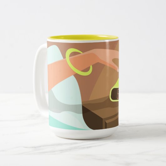 Händeschalten auf den Knopf Wecker-Schlummertaste Zweifarbige Tasse (Vorderseite Links)