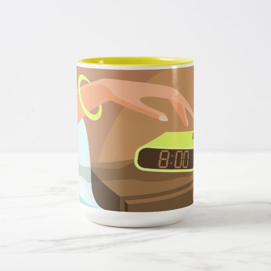 Händeschalten auf den Knopf Wecker-Schlummertaste Zweifarbige Tasse (Mittel)