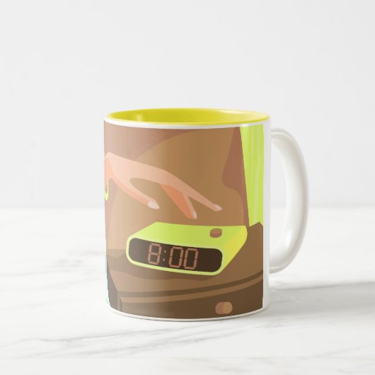 Händeschalten auf den Knopf Wecker-Schlummertaste Zweifarbige Tasse (VorderseiteRechts)