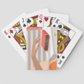 Händeschalten der Frauen auf den Knopf für den Wec Spielkarten (Rückseite)