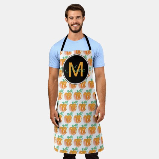 Handfarbenkürbis-Muster Schwarzes Monogramm Schürze (Getragen)