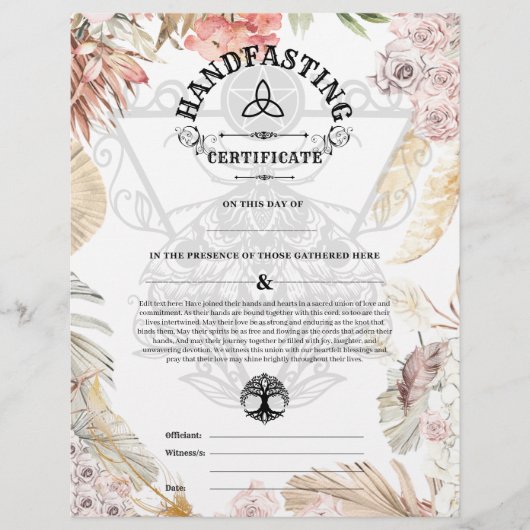 HANDFASTING CERTIFICATE 8,5" x 11" BOHO PAGAN (Vorderseite)