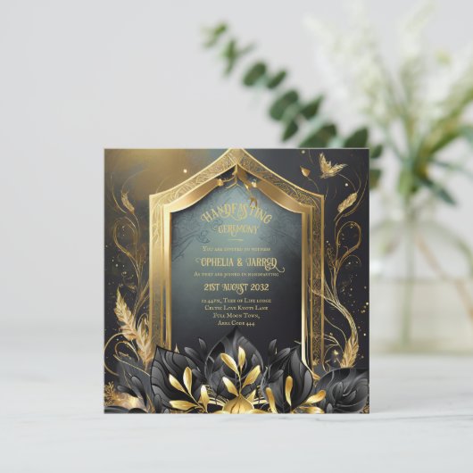 HANDFASTING INVITAATIONEN SCHWARZGOLD ETHEREAL EINLADUNG (Stehend Vorderseite)