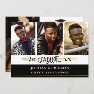 Handgedruckte Graduate   Schwarze und goldene Lini Einladung