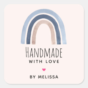 Handgefertigt mit Liebe Blue Rainbow Boho Quadratischer Aufkleber