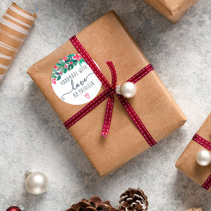 Handgefertigt mit Liebe blumengeschmückte Weihnach Runder Aufkleber