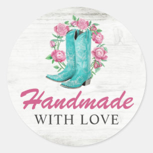 Handgefertigt mit Liebe Country Cowgirl Stiefel &  Runder Aufkleber