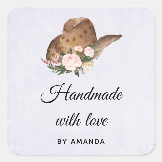 Handgefertigt mit Liebe Cowgirl Hut mit rosa Blume Quadratischer Aufkleber (Vorderseite)