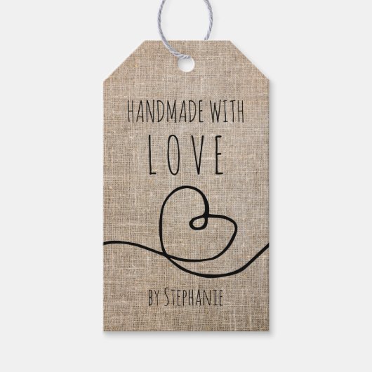 Handgefertigt mit Liebe Doodle Rustic Burlap Geschenkanhänger (Vorderseite)