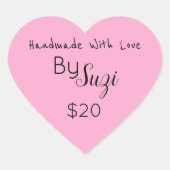 Handgefertigt mit Liebe Einfach rosa Herzpreismark Herz-Aufkleber (Vorderseite)