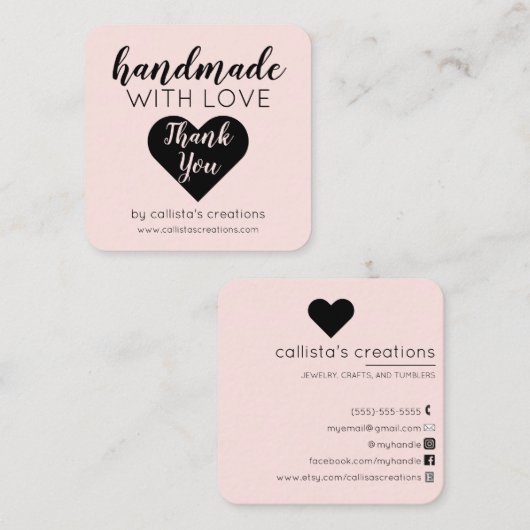 Handgefertigt mit Liebe, einfach rosa, schwarzes H Quadratische Visitenkarte (Vorne/Hinten)