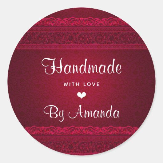 Handgefertigt mit Liebe Eleganter Roter Hintergrun Runder Aufkleber (Vorderseite)