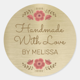 Handgefertigt mit Liebe Florales Gold Runder Aufkleber