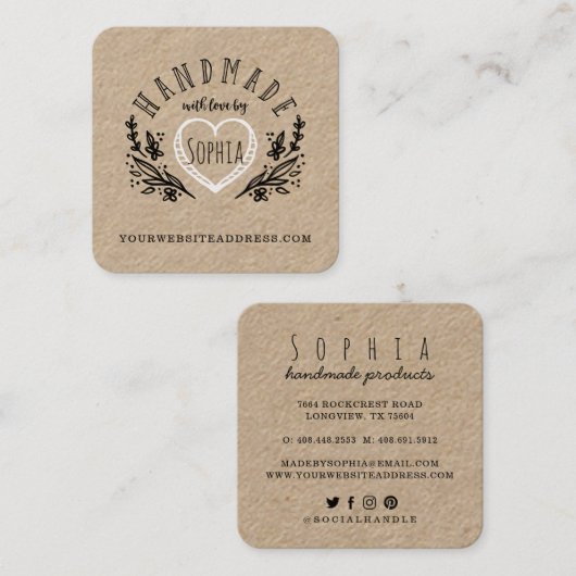 Handgefertigt mit Liebe gezeichnet Florals & Herz Quadratische Visitenkarte (Vorne/Hinten)