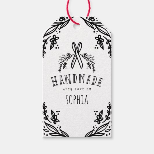 Handgefertigt mit Liebe gezeichnet Florals & Scher Geschenkanhänger (Vorderseite)