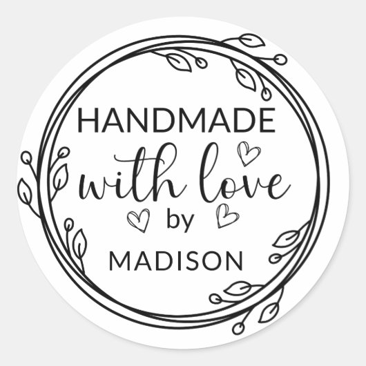 Handgefertigt mit Liebe Individuelle Name Runder Aufkleber (Vorderseite)