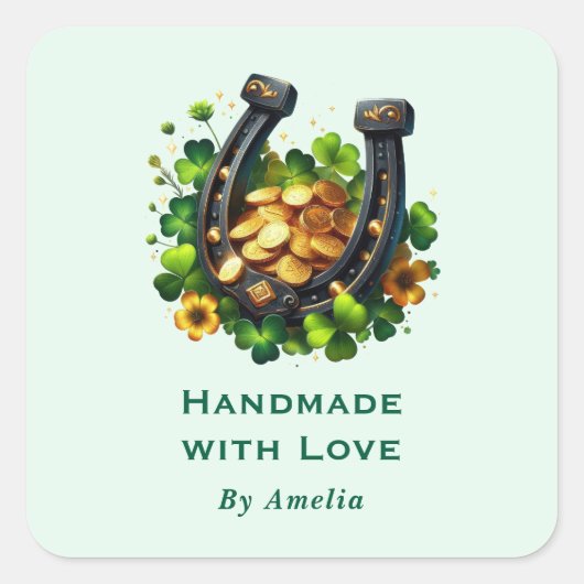 Handgefertigt mit Liebe Lucky Horseshos und Goldmü Quadratischer Aufkleber (Vorderseite)