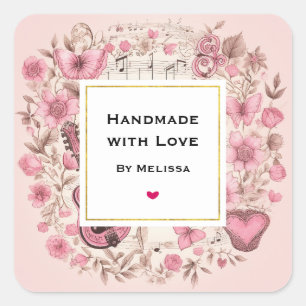 Handgefertigt mit Liebe Musiknoten und Blume Quadratischer Aufkleber