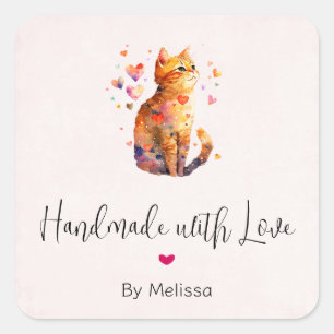 Handgefertigt mit Liebe Niedlich Tabby Katze mit H Quadratischer Aufkleber