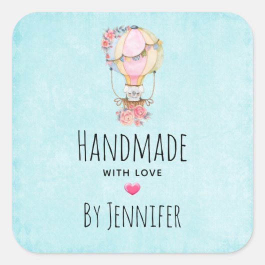 Handgefertigt mit Liebe Niedlicher Heißluftballon Quadratischer Aufkleber (Vorderseite)