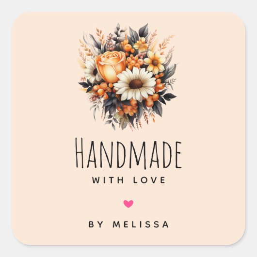 Handgefertigt mit Liebe Orange Yellow Blume Bouque Quadratischer Aufkleber (Vorderseite)