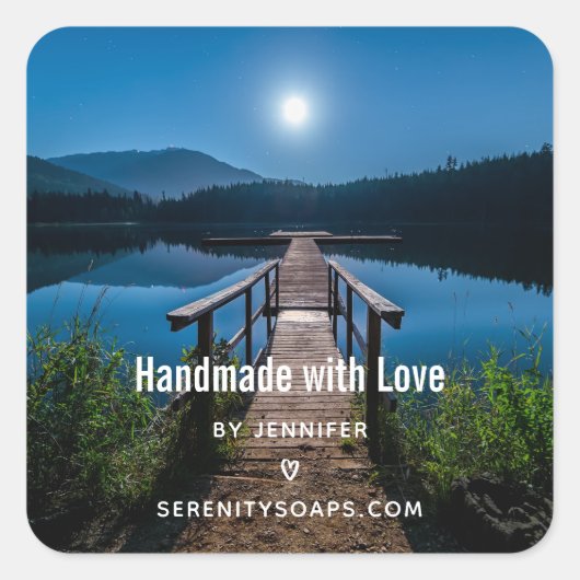 Handgefertigt mit Liebe Pier bei Nacht unter Vollm Quadratischer Aufkleber (Vorderseite)