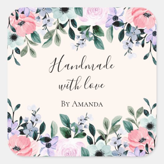 Handgefertigt mit Liebe Pink & Green Floral Wasser Quadratischer Aufkleber (Vorderseite)