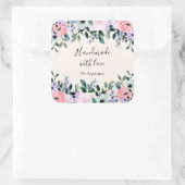 Handgefertigt mit Liebe Pink & Green Floral Wasser Quadratischer Aufkleber (Tasche)