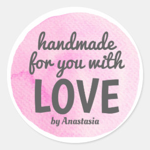 Handgefertigt mit Liebe Pink Wasserfarbe Runder Aufkleber