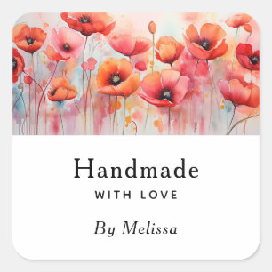 Handgefertigt mit Liebe Red Watercolor Poppies Quadratischer Aufkleber