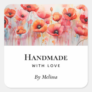 Handgefertigt mit Liebe Red Watercolor Poppies Quadratischer Aufkleber