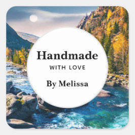 Handgefertigt mit Liebe River and Mountains Landsc Quadratischer Aufkleber