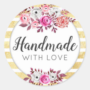Handgefertigt mit Liebe Rosa Blumen & Gold Glam St Runder Aufkleber