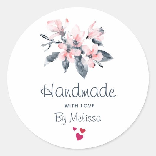 Handgefertigt mit Liebe Rosa & Grau Blume Wasserfa Runder Aufkleber (Vorderseite)