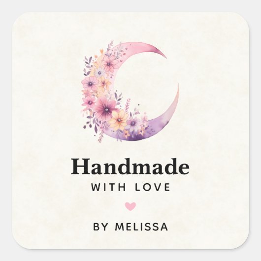 Handgefertigt mit Liebe Rosa Halbmond Quadratischer Aufkleber (Vorderseite)