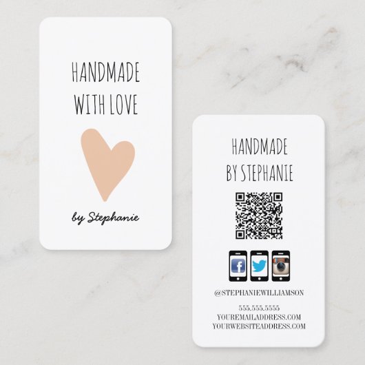 Handgefertigt mit Liebe Rosa Herz | QR Code & Soci Visitenkarte (Vorne/Hinten)