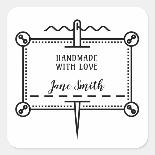 Handgefertigt mit Liebe | Schaltflächen und Nadeld Quadratischer Aufkleber (Vorderseite)