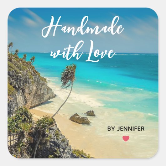 Handgefertigt mit Liebe Schöner tropischer Strand Quadratischer Aufkleber (Vorderseite)